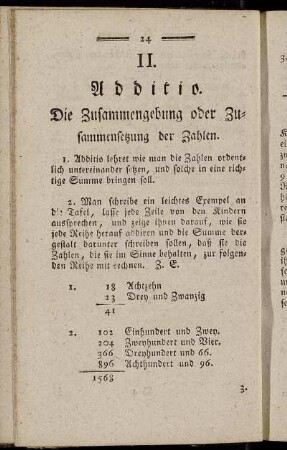 II. Additio. Die Zusammengebung oder Zusammensetzung der Zahlen