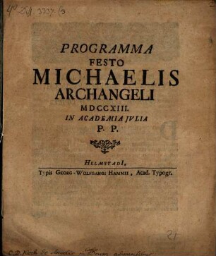 Programma festo Michaelis Archangeli ... de angelis in coelo Deum adorantibus