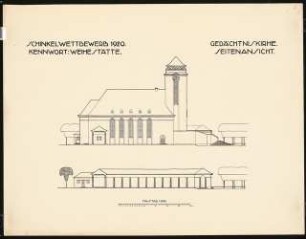 Gedächtniskirche mit Gedenkhalle Schinkelwettbewerb 1920: Seitenansicht (von Westen) 1:200