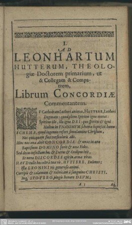 Ad Leonhartum Hutterum, Theologiae Doctorum primarium, ut & Collegam & Compatrem