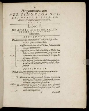 Argumentorum, Per Singulos Operis Huius Libros, Sectiones, & Capita comprehensorum, Index.