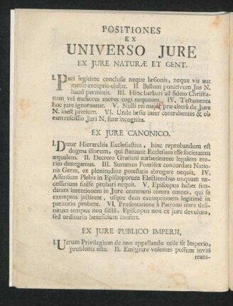Positiones Ex Universo Iure Ex Iure Naturae Et Gent.