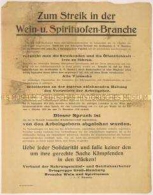 Solidaritätsaufruf mit Streikenden im Lohnkampf der Groß-Hamburger Wein- und Spirituosenbetriebe