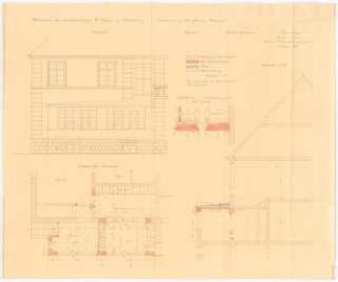 Garten des Brauereibesitzers Daum, Ortelsburg: Wohnhaus der Schlossbrauerei, Überdachung der offenen Veranda: Ansicht, Grundriss Erdgeschoss, Schnitt 1:100, 1 Detail Pfeiler 1:20 (Zeichnung des Architekten)