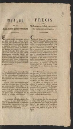 Auszug aus den Königl. Extra-Postverordnungen : Berlin, den 22. October 1800. Auf Seiner Königlichen Majestät allergnädigsten Special-Befehl