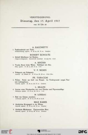 Versteigerung: Dienstag, den 17. April 1917 (Nr. 1-261)