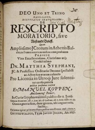 Disputatio Inauguralis. De Rescripto Moratorio, sive AnstandtBrieff
