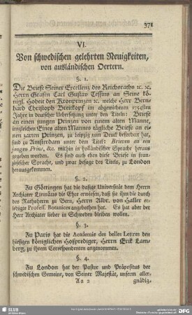 VI. Von schwedischen gelehrten Neuigkeiten, von ausländischen Oertern