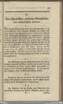 VI. Von schwedischen gelehrten Neuigkeiten, von ausländischen Oertern