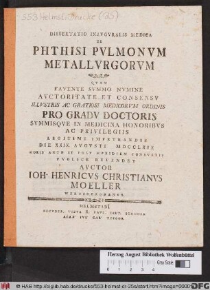 Dissertatio Inavgvralis Medica De Phthisi Pvlmonvm Metallvrgorvm