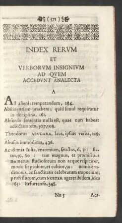 Index Rerum Et Verborum Insignium Ad Quem Accedunt Analecta