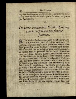 XI. De retro venientibus Cambii Litteris cum protestatione non solutae summae.