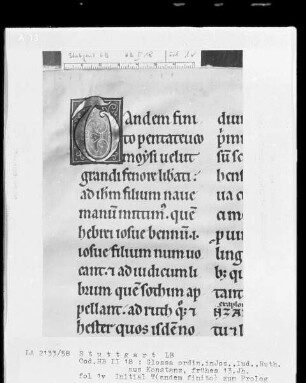 Libri Josuae, Judicum, Ruth cum Glossa ordinaria — Initiale T(andem finito), Folio 1verso