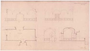 Gymnasium zum Grauen Kloster, Berlin Umbau: Grundriss Raum 2 1:50; Aufriss der vier Innenwände von Raum 2 1:50; Skizze vom Gewölbe; Maßangaben