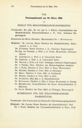 VIII. Personalstand am 31. März 1934