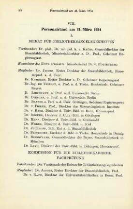 VIII. Personalstand am 31. März 1934