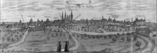 Halle (Saale), Stadtansicht von Westen, aus Dreyhaupt, Johann Christoph von, Pagus Neletici et Nudzici, ...Halle 1749/50; seitenverkehrt!; Johannes Mellinger