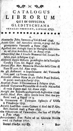 Catalogus Librorum Qui In Officina Gleditschiana Venales Prostant, Lipsiae 1753.