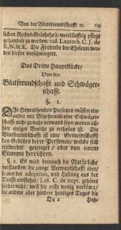 Das Dritte Hauptstücke/ Von der Blutfreundschafft und Schwägerschafft