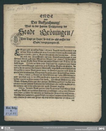 Ende: Gründliche Auffzeichnung der harten Belagerung der Stadt Gröningen