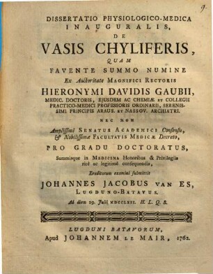 Diss. physiol. med. inaug. de vasis chyliferis