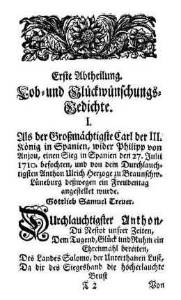 Erste Abtheilung. Lob- und Glückwünschungs-Gedichte.