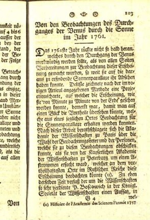 Von den Beobachtungen des Durchganges der Venus durch die Sonne im Jahr 1761.