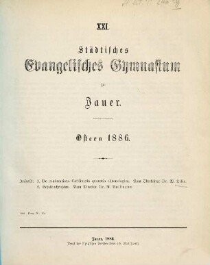 Städtisches Evangelisches Gymnasium zu Jauer : Ostern .... 1885/86