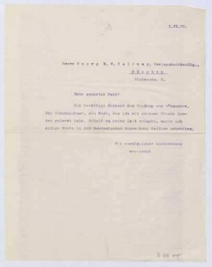 Schreiben an Georg D. W. Callwey, Verlagsbuchhandlung (Brief)