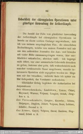 Ueberblick der chirurgischen Operationen unter günstiger Anwendung der Aetherdämpfe