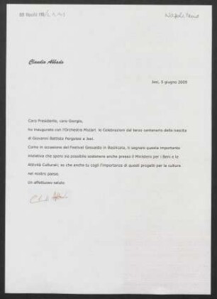 Brief an Giorgio Napolitano, 05.06.2009