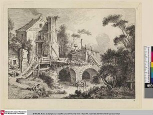 [Paysage avec une maison près d'une étendue d'eau; Landschaft mit einem Haus nahe eines Gewässers]