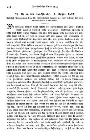 91. Union der Landstände. 1. August 1523.