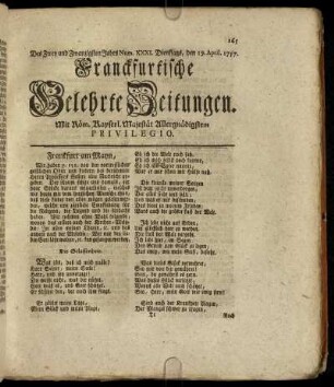 Num. XXXI. Dienstags, den 19. April. 1757. - Num. XL. Freytags, den 20. May. 1757.
