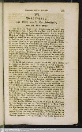 XVI. Verordnung, das Gesetz vom 3. Mai betreffend; vom 27. Mai 1851