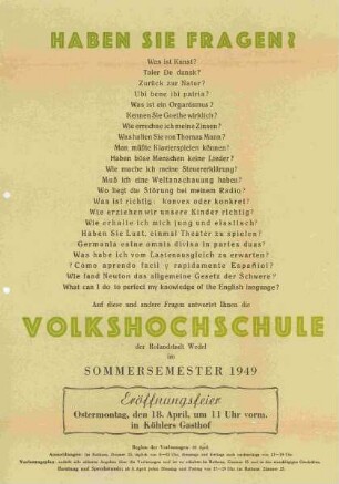 Haben Sie Fragen? ... Sommersemester 1949 der Volkshochschule
