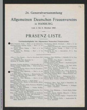Anwesenheitsliste zur 24. Generalversammlung des ADF 1907 in Hamburg