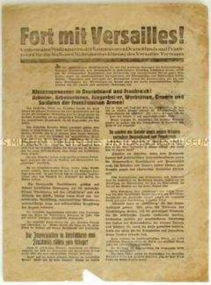Flugblatt der Kommunistischen Parteien Deutschlands und Frankreichs gegen den Versailler Vertrag und Aufruf zur Reichstagswahl