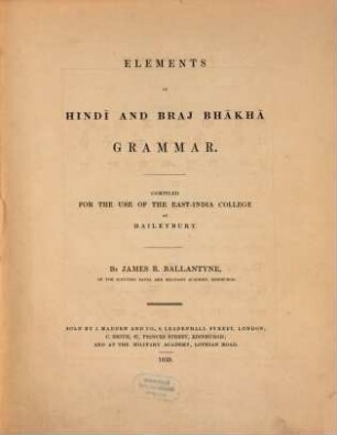Elements of Hindi and Bray Bhākhā Grammar