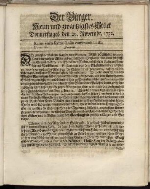 Neun und zwanzigstes Stück Donnerstages den 20. Novembr. 1732.