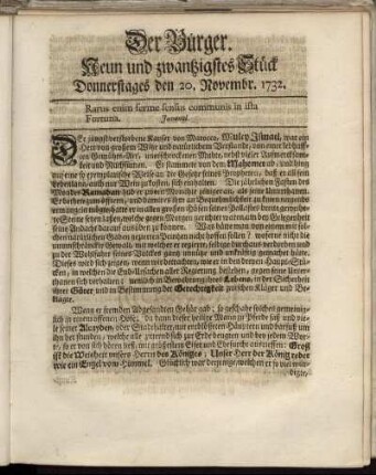Neun und zwanzigstes Stück Donnerstages den 20. Novembr. 1732.
