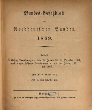 Bundes-Gesetzblatt des Norddeutschen Bundes, 1869