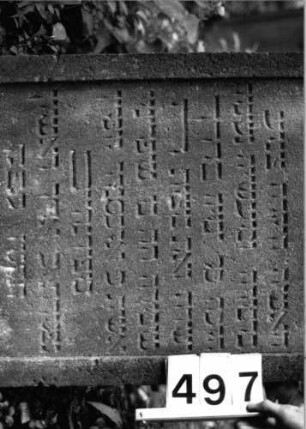 Grabstein 497 (Index: 99803824) Material: Sandstein Zustand: leicht verwittert Maße HxBxT: 114x59x15 cm Beschreibung: Stele mit verdachtem Rundbogen, profiliertem Rand, Giebelfeld: Grabstein 497 (Detailaufnahme)