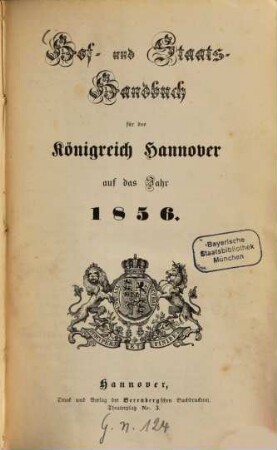 Hof- und Staatshandbuch für das Königreich Hannover. 1856