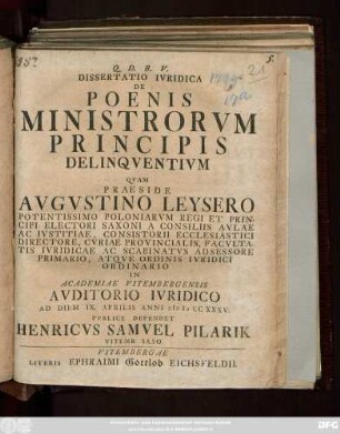 Dissertatio Ivridica De Poenis Ministrorvm Principis Delinqventivm