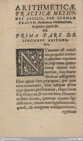PRIMA PARS DE SPECIEBUS ARITHMETICES.