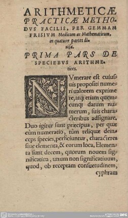 PRIMA PARS DE SPECIEBUS ARITHMETICES.
