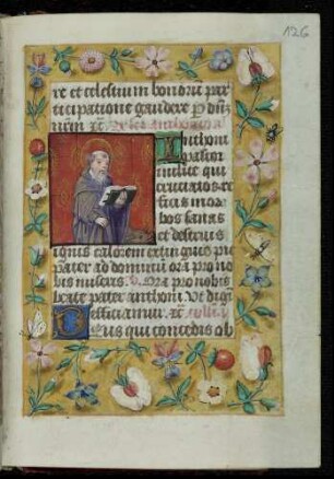 Miniatur-Textzierseite: (Suffragium) heiliger Antonius; Trompe l'oeil-Rahmen mit Blütenzweigen und Insekten