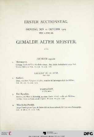 Erster Auctionstag. Dienstag, den 12. Oktober 1909 – Gemälde alter Meister (Nr. 1-141)