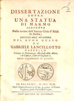 Dissertazione sopra una statua di marmo scoverta nelle rovine dell'antica città d'Alesa in Sicilia